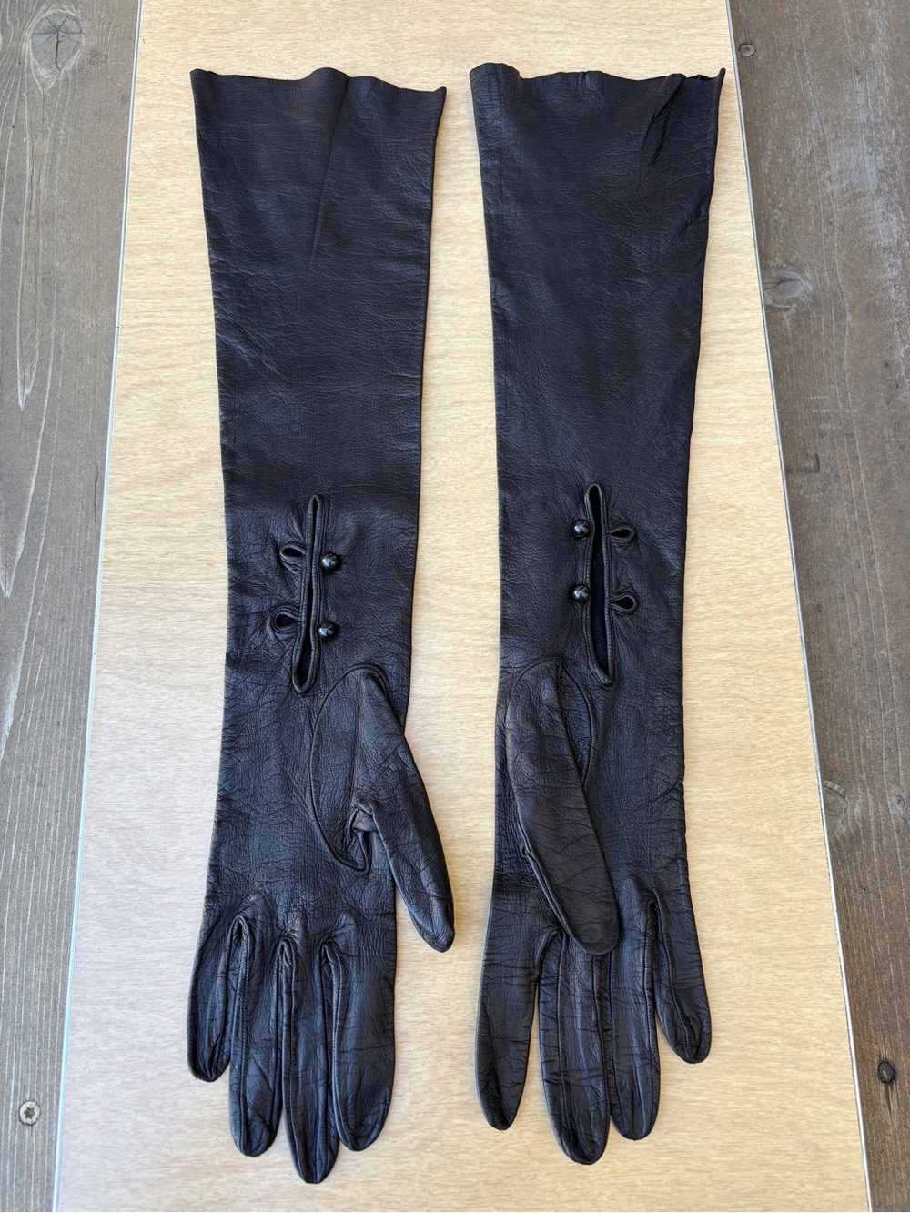 Vintage Black Soft Thin Nappa Leather Long Opera Gloves With Button Detail